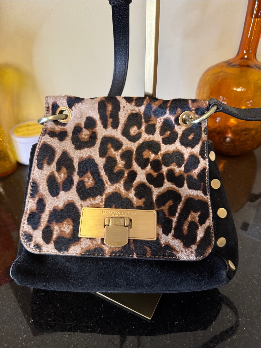 Donna Karan Studded Black Suede and Calfhair Flap Crossbody